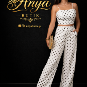 Biały komplet w czarne grochy – top + spodnie wide leg