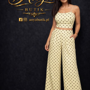 Żółty komplet w brązowe grochy – top + spodnie wide leg