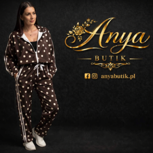 Komplet dresowy bluza + spodnie w białe grochy brązowy